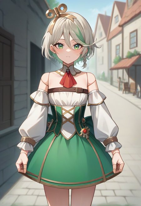 score_9,score_8_up,score_7_up,score_6_up,score_5_up,score_4_up,
1girl, cecilia immergreen, short hair, side braid, white strapless sleeveless shirt, white detached sleeves, detached collar, red ascot, cross-laced green corset, green skirt, winding key, doll joints, gears, gold trim, long sleeves,
solo, cowboy shot, looking at viewer, outdoors, village,
<lora:ceciliaponyxl4-10:1>
