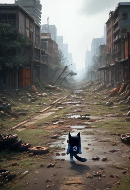 score_9, score_8_up, score_7_up, score_6_up source_anime, ruanyi0723,post-apocalypse,overgrown,moss, ((1boy, bluey style, blueyxl, boxchibi, bandit heeler, cartoon, dog, furry, white sclera, empty eyes, black eyes, thick eyebrows, dog tail, dog ears, black nose, wearing survival gear, wearing a survival backpack, holding a gun, shotgun in hand, walking on two legs, wandering on the road)), ((cautious, scared expression)), watching out for monsters, BREAK, realistic background, 2d character, outdoor, post-apocalypse, destroyed buildings, overcast, cloudy, realistic, overgrown post apocalyptic street, broken cars, dilapidated houses, houses covered in moss, road is damaged, side view, depth of field,