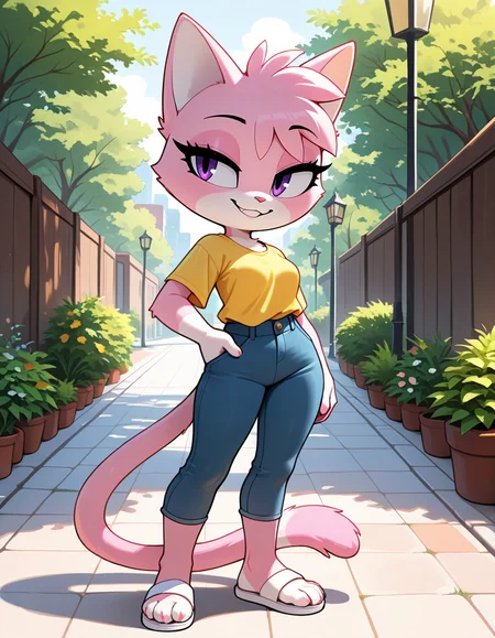masterpiece, best quality, very aesthetic, absurdres,
outdoors, casual, 
full body, standing, posing,
seductive smile, parted lips, long eyelashes,
 <lora:Jana_v01_NAIXL:1>
J4n4,1girl,solo,furry,furry female,cat girl,cat ears,purple eyes,animal nose,body fur,two-tone fur,pink fur,white fur,cat tail,
