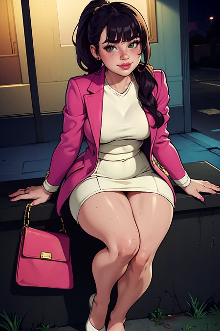 highres, masterpiece, perfect lighting, bloom, night, dark, cinematic lighting, adult, female, looking at viewer, full body, feet out of frame, (RSEEmma:1.5),<lora:RSERomantic_RSESofiko_RSEEmma-v1:0.3>, (small breasts:1.4), wide hips, thick thighs, edgCJ, wearing edgCJ, chic jacket, blunt bangs, black hair:pink hair, messy mid ponytail, green eyes, thick eyebrows, freckles, full lips, smug, smirk, <lora:weight_slider_v2:1.25> <lora:edgChicJackets:0.8>
