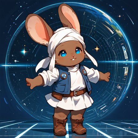 <lora:Final_Fantasy_-_Loporrit:1> loporrit, lagomorph, balancing, white turban, blue vest, white shirt, short white skirt, brown boots, tiled floor, blue background, spaceship background, (chibi:0.8), cute, (chubby cheeks:0.5), <lora:StS_PonyXL_Detail_Slider_v1.4_iteration_3:4>, score_9, score_8_up, score_7_up, source_furry