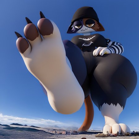 (high quality, high res, 4k, best anatomy:1.5), imminent stomp by giantess meowskulls,barefoot,hyper hips,from below,solo, toes,large breasts, detailed face, smug.