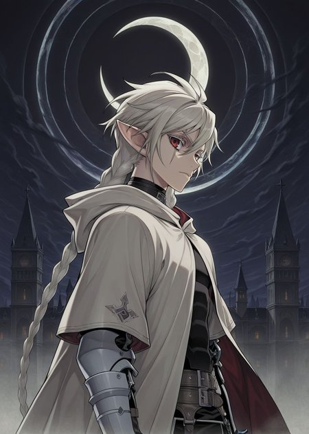 masterpiece, best quality, arms at sides, male focus, 1boy, male, looking at viewer, upper body, crescent moon, night, gothic background, facing to the side, holding sword, 
<lora:Koinzell:0.8>, Koinz0l, red eyes, platinum blonde hair, scar across eye, pointy ears, twin braid, platinum blonde eyelashes, cape, hooded cloak,