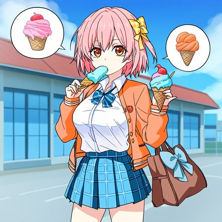 1girl, yuigahama yui, by kodoto, bag, bow, breasts, food, hair bow, ice cream, jacket, looking at viewer, orange eyes, pink hair, plaid, plaid skirt, school uniform, shirt, short hair, skirt, sobu high school uniform, solo, speech bubble,