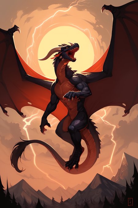 dragon, wings, horns, cloud, mountain, sky, outdoors, no humans, claws, lightning, tail, open mouth, scales, cloudy sky, teeth, electricity, giant, zPDXL3, detailxl,  Score_PnyReal, (lineless:1.5)