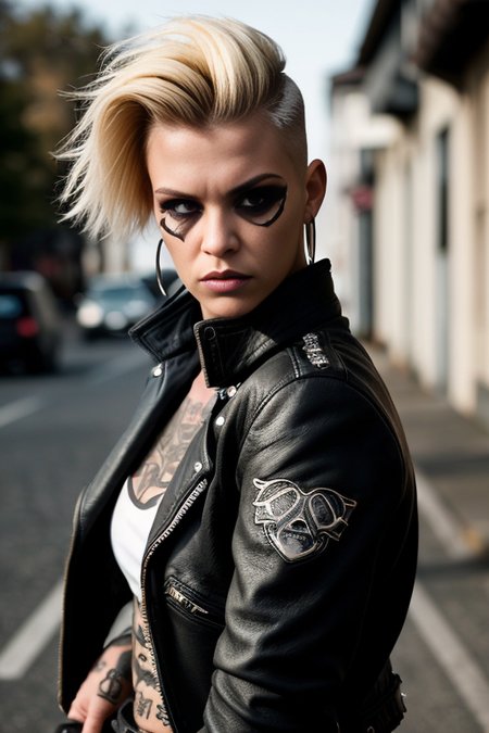 up angle from waist up, portrait photo showing a female biker on a street, leather jacket, tattoos and piercings. Contrasting light from one side. Side cut hair. Blonde hair. (posing:1.3),  she says "Fuck you!", aggressive outlook, dangerous lady.