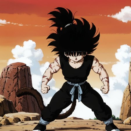 <lora:SolYulaanXL:0.8>, SolYulaan, 1girl, highvoltaghair, hair over eyes, obscured eyes, hair tied, spiky ponytail, crazy hair, wild spiky hair, free hair,  kung fu pose, dynamic stance,  black shirt, black kung fu pants, Yaban girl, black Saiyan tail, red sky, white clouds, rocky landscape, badlands, muscular girl, LucyLoudhair,battle scars,  cute face,  <lora:EarlyAkira_v4:.6> drgbls1, retro artstyle, 1980s \(style\), anime coloring,