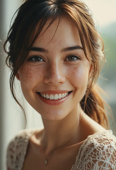 I love when she smiles that way, hyper detailed, super intricate, romantic atmosphere, natural light, 35mm photo