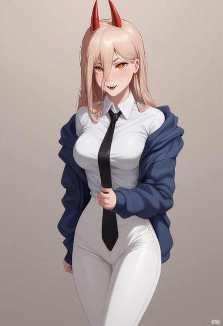 score_9,score_8_up,score_7_up, source_anime, 2.5D, Expressiveh, 1girl, whole face visible, whole body visible,
BREAK,
Power_(Chainsaw_Man), freckles, yellow_eyes, cross-shaped_pupils, blonde_hair, long_hair, small_breasts, red_horns
BREAK,
yellow_eyes, cross-shaped_pupils, blonde_hair, long_hair, small_breasts, red_horns, collared_shirt, white_shirt, black_necktie, blue_jacket, black_pants, off_shoulder, open_jacket
BREAK,
shiny skin, perfect ass, small ass, large breasts, perfect breasts, slender figure, tall, small waist, 
BREAK,
girl looking at viewer, sexy, extremely horny, standing,