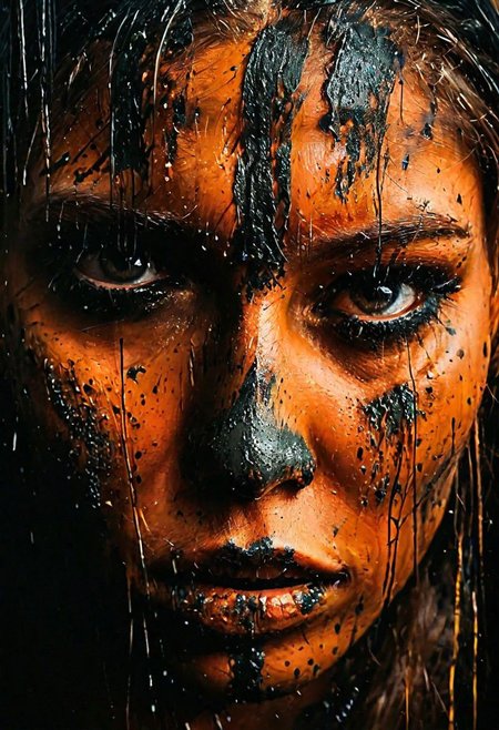 impactful paint of a viking woman, face closeup, mud on face, fierce look, highly detailed, 8k, sharp, professional, clear, high contrast, high saturated, , vivid deep blacks, crystal clear