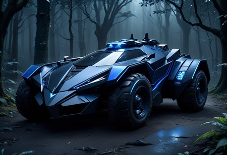 (medium full shot) of (high-tech light midnight-blue futuristic armored car, batmobile style) with ballistic armor, elegant design, electric engine, reinforced chassis, adorned with tactical markings, set in  a mystical forest, featuring enchanted glades, ancient trees, magical creatures, shimmering light, and eerie silence, ,Masterpiece,best quality, raw photo, realistic, very aesthetic