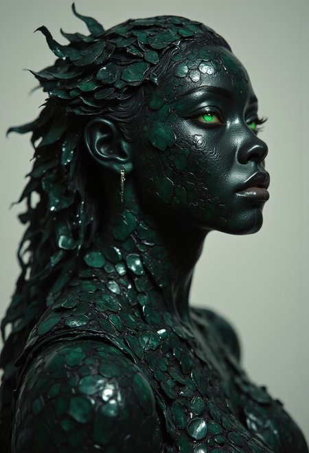 A statue of a african woman made of Black Jade, her skin composed of delicate, textured Black Jade, with Black Jade carved flowers intricately woven into her hair, her eyes are a bright, glowing green color, and she is wearing a majestic, windy-blown ornate gown with tattered, Black Jade and obsidian petals, reminiscent of a dark, dystopian world, her face and shoulders illuminated by a soft, ambient glow, as if radiating an otherworldly energy. In the styles of Royo's dark, mystical realism, Artgerm's hyper-detailed, metallic sheen, and Lovecraft's eerie, atmospheric tension, with meticulous attention to intricate textures, dramatic shading, and a sense of haunting, ethereal beauty.