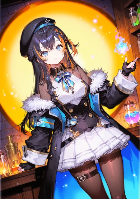 zPDXL3 Real score_9, score_8_up, score_7_up, score_6_up source_anime, highly detailed, sharp, intricate details, rating_safe rating_sensitive, rating_explicit, masterpiece, best quality, good quality, bright eyes light particles lens flare amazing quality, very aesthetic, very awa, absurdres, newest,
<lora:yoneyamaiXLNBVP1lokrV6311PZ:0.5>, <lora:shikimi:0.5>
<lora:nhl-001:0.4> nhl-001 film grain multicolored background  <lora:ponyv4_noob1_2_adamW:0.4>
medium breasts, dynamic pose, dynamic angle,
optical illusion, ssambatea, quasarcake, Fishine, arutera, soresaki, reoen, sanbonzakura, askzy, negative space, see-through, made of, neon light, detailed background,
In a dimly lit, fantasy-inspired atelier, mystical lights of magic flutter and dart, illuminating the darkness with their ethereal glow. A young witch stands at the center, chanting incantations as she stirs a large cauldron filled with bubbling herbs. Her magic wand radiates energy, guiding her in her alchemical endeavors. Alongside her, a desk is meticulously arranged with colorful potion-filled test tubes, emitting a soft luminescence. Wooden shelves against the walls hold an array of ancient books, sealed jars containing exotic herbs, and a vintage, intricately detailed globe
niji-petra,medium breastas,blue eyes,black hair,orange hair,multicolored hair,streaked hair,ornament,
niji-petracos2,white shirt,collared shirt,black collar,halterneck shirt,brown bodystocking,blue bowtie,two-tone bowtie,jewelry,white skirt,miniskirt,fur-trimmed skirt,fingerless glove,black glove,brown pantyhose,thigh band, beret,black headwear, long coat,black coat,off shoulder coat,fur-trimmed coat,long sleeves,blue armband, long hair braid
 <lora:niji-petra:0.7>