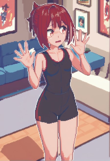 source_anime, score_9, score_8_up, score_7_up, score_6_up, score_5_up, score_4_up, 1 girl, solo, <lora:Miku_from_LiL_PonyXL:1>, miku_maruyama, red hair, small breasts, <lora:cone:1> c0ne, pixel art,(living room, Hand waving in greeting),