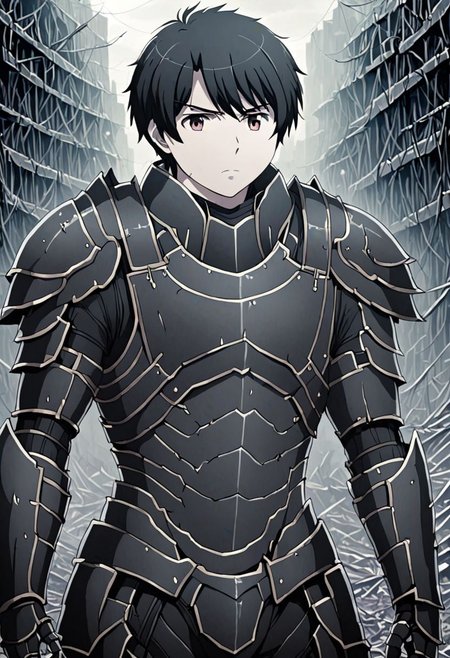 high resolution, solo, best quality, 1Boy, Inaho Kaizuka, Black Hair, dystopia, serious looking, armor, fantasy, OverallDetail