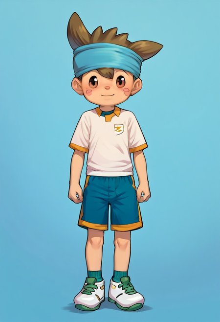 score_9, score_8_up, score_7_up, source_anime, highly detailed, young, 1boy, solo, cute boy, nishizonoshinsuke,  brown eye, brown hair, spike hair, pink blush marks, small nose, headband, sportswear, soccer uniform
