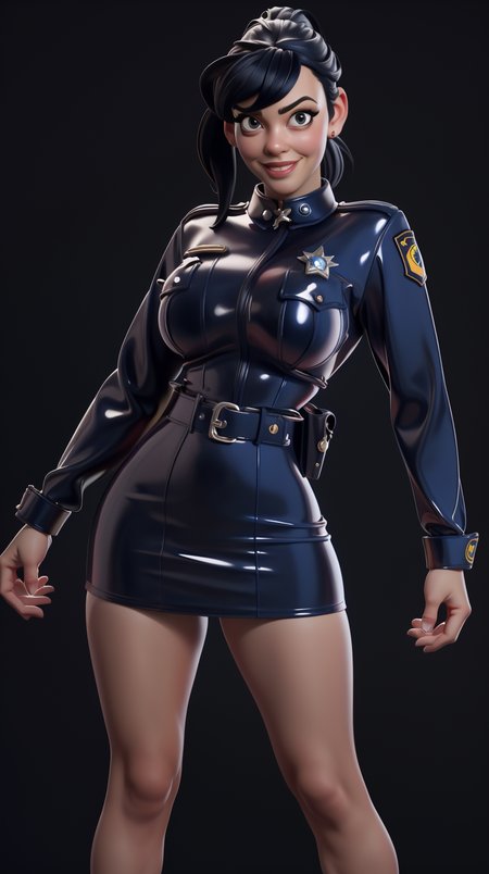 high detailed, masterpiece  <lora:P4p4N1nj4:0.9> 1girl cartoon character in police blue latex mini dress, long black hair, ponytail, american shot, subtle smile, looking at viewer, perfect hands, big breast, wide hips, thick thighs, ultra realistic digital art, a 3D render, photorealism, clean scene, black background, black wall,  <lora:3DMM_V12:0.6>