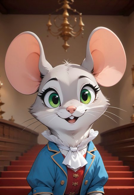 score_9, score_8_up, score_7_up, score_6_up, score_5_up, score_4_up, m0use_goldie, solo, grey fur, green eyes, cute, (feral:1), period costume, (frilly red waistcoat, white ascot), (ballroom, staircase, (chandelier:1.5)), upper body shot, (head focus), (open mouth:0.7), (chibi:0.3), 