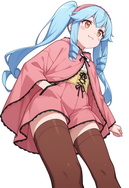 masterpiece,high quality details, absurdres, 
walking pose, one hand in pocket, head slightly turned, casual stride,,
 <lora:Michiru_Kusagakure:0.8>
michiru_cnr, 1girl, blue hair, long hair, twintails, drill hair, sidelocks, orange eyes, blush stickers,hairband,, ;3,, simple background, white background, from below,solo,, bustier,poncho   ,asymmetrical stockings,  ,brown thighhighs,