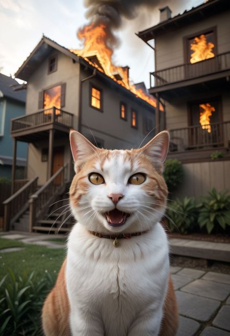 cinematic film still anime artwork,  cfb, smiling cat foreground, a house on fire, background, vibrant, highly detailed,  shallow depth of field,, cinemascope, moody, epic, gorgeous, film grain, grainy,meme,parody