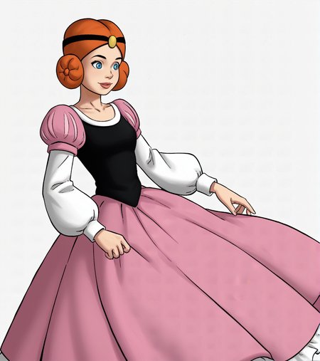 score_9, score_8_up, score_7_up,
princess_sabina, red hair, princess dress, bouffant dress with gigot sleeves and petticoat, side buns, dot pupils, white background, <lora:Princess_Sabina:1>