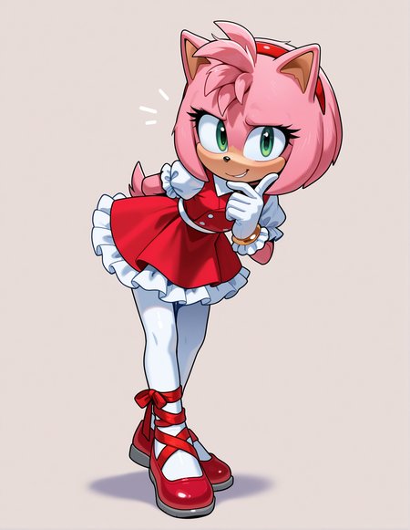 1girl, solo, full body, no humans, sonic \(series\), 
<lora:Movie-Amy:1> movieamy, pink fur, green eyes, animal nose, body fur, hedgehog tail, petite, short legs, short hair, bob cut,
red hairband, red dress, puffy short sleeves, white sleeves, white frills, frilled dress, collared dress, frilled sleeves, frilled gloves, collared dress, white gloves, white belt, white pantyhose, red ballet slippers, footwear ribbon, red wrist ribbon, red ribbon, leg ribbon,
white pantyhose, fine fabric emphasis,
hand on own chin, looking at viewer, leaning forward, arm behind back, index finger raised, thoughtful expression, extremely detailed, highres, masterpiece, best quality