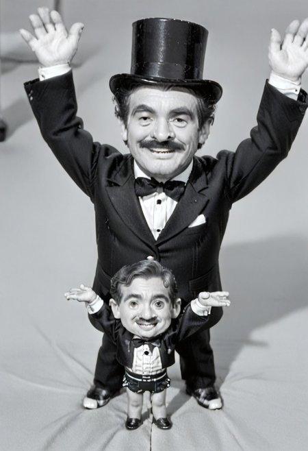 (((black and white, monochrome, greyscale))),((dancing,fully clothed, small man with mustache, top hat, kenbis, chibi, chibi, male only, dancing, male, male chibi, monocle, art deco, thick mustache, comically large mustache, handlebar mustache, tiny, multiple men, shrunk, microxl, some little guys,  high angle, from above)), bwMovies, realistic, photo, vintage photo, ((very small man, small man, a small man, a man who is small, a small man)) suit, an unapologetically small human male, black and white, smiling, very happy, euphoric, ecstatic, wonderful small men, large smile, huge smile