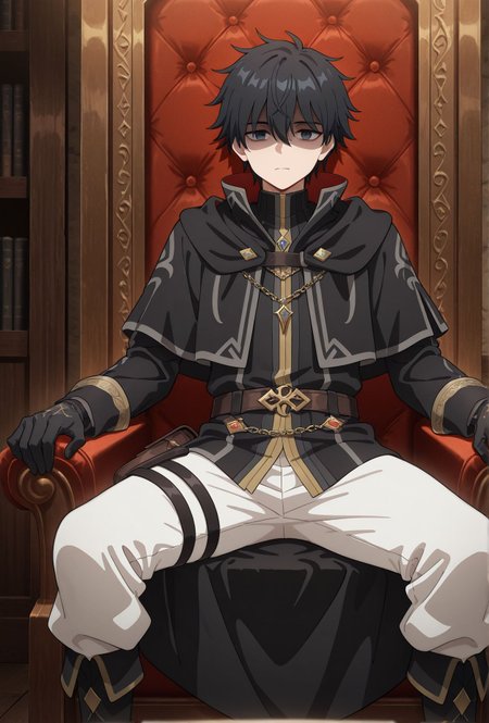 masterpiece,best quality,amazing quality,very aesthetic,absurdres,newest, huge filesize,
<lora:spo_sdxl_10ep_4k-data_lora_webui:0.5>, 2D,anime,anime screenshot, 
<lora:illustrious_quality_modifiers_masterpieces_v1:1>
<lora:Let_This_Grieving_Soul_Retire__Strange_Grief:0.7>  shaded face, 
1boy,Strange_Grief, sitting, 
black robe, haiir covered one eyes, expressionless, guild,
black hair,short hair,
serious expression,
black jacket,gold accents,
high collar,white pants,
black boots,side pouch,
gloves,belt,
chains,standing pose,
detailed outfit,back and front view,