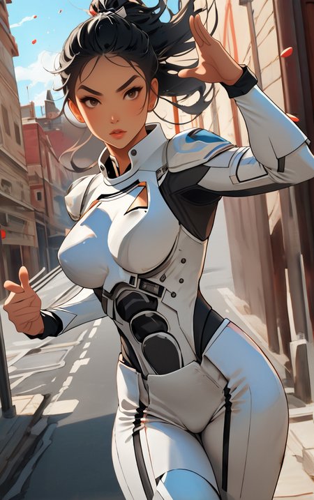 ((masterpiece, best quality)),  solo, looking at viewer, amazon_woman whit black hair wearing spacesuit, long hair, "Grimace", "High and tight hairstyle" hair, "Blowing a kiss" pose , skin tight,  depth of field, light particles,
 <lora:GoodHands-beta2:1>,
<lora:BrazilianWomanAmazon_V1.0:1>,
<lora:muscle_slider_v1:2>,
<lora:weight_slider_v2:-1>,
<lora:hair_length_slider_v1:1>,
 <lora:spacesuitV1.0:0.7>,
 <lora:wuxia2:0.6>,
 <lora:Background_Detail_v3:1>,
<lora:IvoryGoldAIv2:0.7>