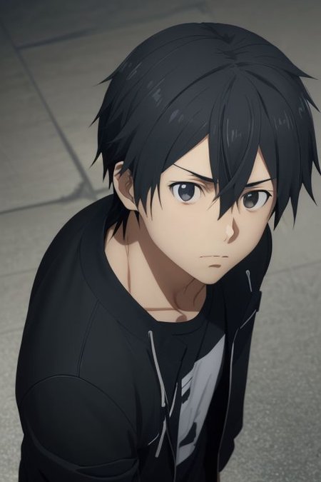 high resolution, solo, best quality, 1Boy, Kazuto Kirigaya, portraits, Black Hair, Black Eyes, casual, seen from above, gangster, dominant, intimidate, OverallDetail