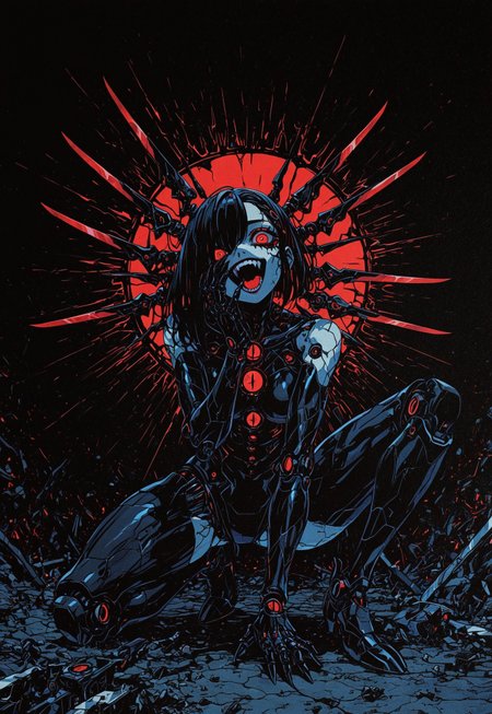 masterpiece, best quality, amazing quality, high resolution, aesthetic, 1girl, robot girl, black body with red details,  red eyes, asymmetric hair, headtilt, broken robot, crazy, dark background,  DRKWB, blade arms, on one knee, open mouth,  laughing