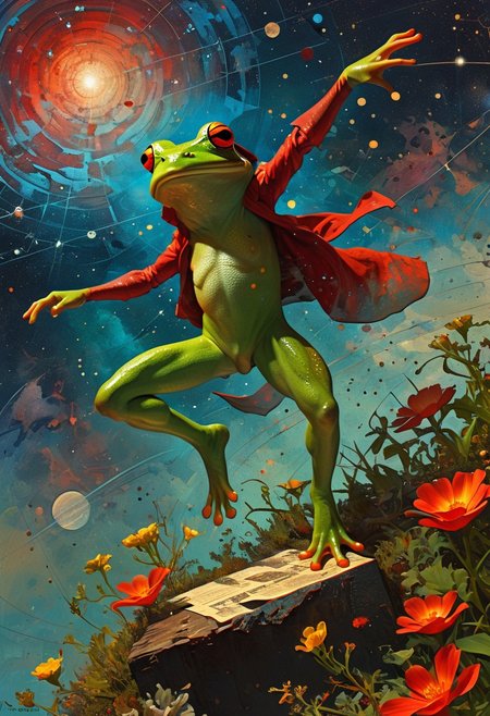 illustrious, frog, Amidst a dreamscape of colors, a mesmerizing garden enchants, its vibrant petals a feast for the eyes, Dancing and shimmering, intricate details, ultra sharp, fantasy art concept, fantastical fairy tale, whimsical surroundings <lora:c»ªa¿ cµa½±a§c§:0.8> xuer film still (in the style of Frank Frazetta painting) Dean Cornwell, design, 1970s, Russian Constructivist style, double exposure, volumetric lighting, expressive, ancient starchart, ink spattered background, warm colors, space, art deco, splatter, Japanese Woodblock print, planar rectilinear shapes, extreme energy, dynamic posing, Dutch angle, black, Crimson<lora:xl_more_art-full_v1:0.3>