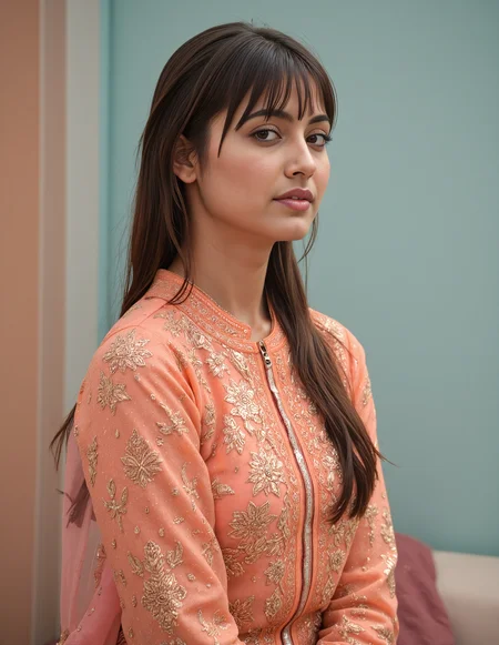full body photo of a  woman with a d351 m3d1um skintone, hyper realistic photo that is safe for work,  studio quality image with natural colors, well dressed wearing intricate long sleeved Apricot Punjabi Suit, hair styled as  bangs,muted pastel shaded multicolored background that contrasts with the person, cinematic lighting,âââââ <lora:d351_m3d1um_Desi_Mocha_Flux_Kohya_V3:0.8>âââ