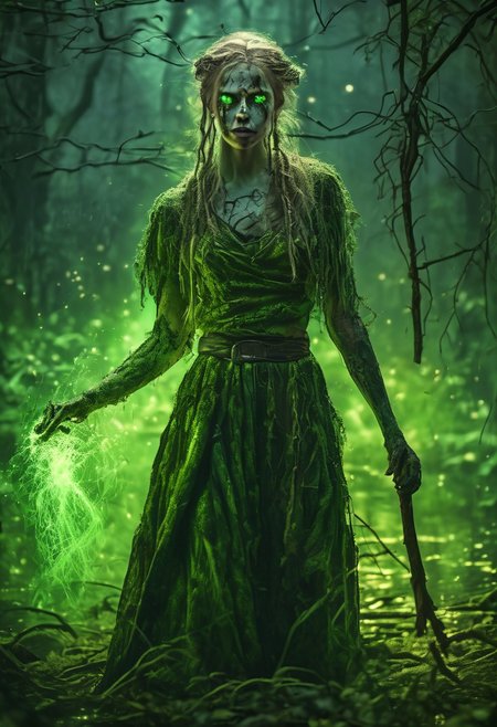 fantasy,medieval Russia fantasy,female druid,(zombie:1.3),(dynamic pose:1.3),entangled with roots,in a swamp,detailed background,(glowing nature magic:1.3),(glowing green eyes:1.1),(glowing green tattoos:1.1),tattered clothing,holding a stick,close up,midnight,(particle effects),floating magic particles, glowing dust