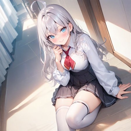 (masterpiece),(best quality),(ultra-detailed),(best illustration),(best shadow),(absurdres),(detailed background),(very aesthetic), alya(roshidere), 1girl, solo, skirt, white hair, thighhighs, blue eyes, long hair, ahoge, shirt, white thighhighs, looking at viewer, white shirt, pleated skirt, smile, school uniform, black skirt <lora:XL-Alya(roshidere):1>