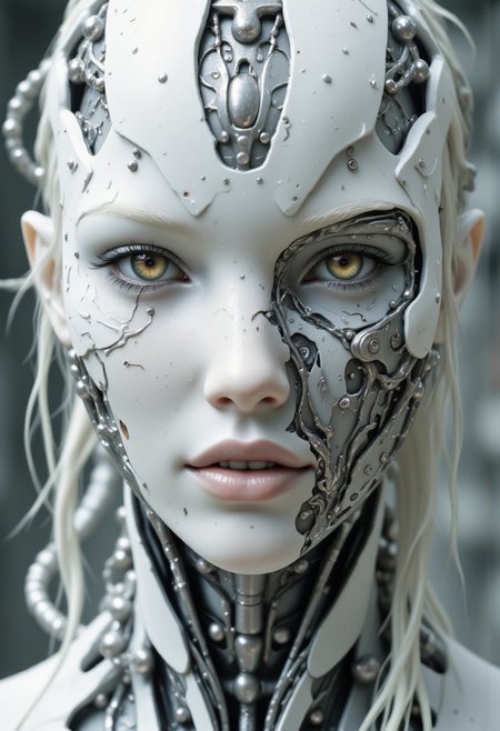 Close-up portrait of a statue of a robot. Her head and body are made of white, smooth metal with multi-colored, exposed wiring going down her neck creating an organic mosaic pattern. She is a biomechanical robot. Her eyes are an intense silver color with light silver eyeshadow, and her lips are a rich, deep silver color. There is a missing panel on her cheek. A spot light focuses on her eyes, creating strong highlights and shadows. The light background is softly blurred showing computers and white pipes, but is blurred and out of focus so all visual attention is on the woman's eyes, nose and mouth. Her hair is stark, metallic white strands that falls around the lower half of the image. She is blending in with the background. She is looking at the viewer intensely. The overall impression is one of dramatic beauty, with an almost otherworldly quality.  (((ultra-realistic style))), realistic soft lighting, eye-catching, atmospheric lighting, dusty and smokey environment, natural, shallow depth of field, (highlights: 0.8), high detail (dynamic, sincere, cinematic shot, film grain, bokeh, depth of field)