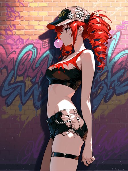 sg punk,1girl,solo,red hair,twin drills,baseball cap,expressionless,chewing gum,medium breasts,crop top,midriff,navel,black shorts,short shorts,thigh strap,arms at sides,looking to the side,from side,standing,cowboy shot,brick wall,colorful,graffiti,masterpiece,best quality,amazing quality,<lora:sg_punk_ilxl_v01:1>,