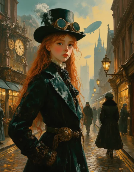 Masterpiece, high quality, Oil Painting, Hyper-realistic, hyper-detailed oil painting half body portrait of a regal 12 year old steampunk princess strolling through a grand, Victorian-era London infused with intricate gears, brass machinery, and towering clockwork structures. She wears a tailored Victorian dress, a long coat with elaborate cogwork embroidery, and a top hat fitted with a pair of fine-tuned goggles. Her body is skinny, and petite with a thin waist. Her skin translucent white, eyes deep green, and long red hair. Steam rises from the cobblestone streets around her, where massive airships hover over the skyline. Ornate lampposts powered by steam cast a warm amber glow, and the bustling city is alive with inventors, automaton-driven carriages, and the hum of industrial innovation. The atmosphere is rich with detailsâwinding pipes, exposed gears, and hints of magical engineering blending seamlessly with the historic architecture of London. The princess moves confidently through this mesmerizing steampunk world, embodying nobility and intellect.  Victorian steampunk overtones, brush strokes, warm light, magic, extremely coherent, cute, beautiful, cinematic, stunning, creative, positive, cheerful, unique, cool, inspiring, pure, rational, very inspirational, friendly, thought, glowing, magical, perfect, intricate, wonderful, lovely, novuschroma, del1cate_balance style, in the style of Rembrandt. FS, vantablack <lora:style_of_Rembrandt_FLUX_135:.8> <lora:- Flux1 - vanta_black_V2.0:.8> <lora:Delicate_Balance:.3> <lora:neeeg_f1:-1> <lora:113_novuschromaFLX_1:.2> <lora:Midjourney_Whisper_Minimal:.4> <lora:FS_v2:.5>