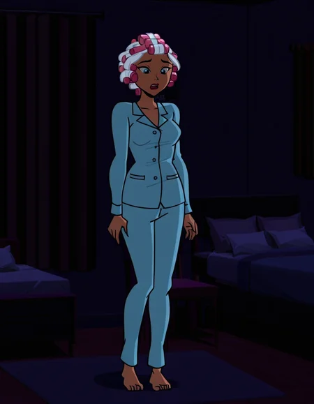 icedc, 1girl, pajamas, solo, barefoot, full body, open mouth, standing, bed, pillow, indoors, curtains, hair curlers, white hair <lora:IceDCIllustrious1.0JLFO:1>