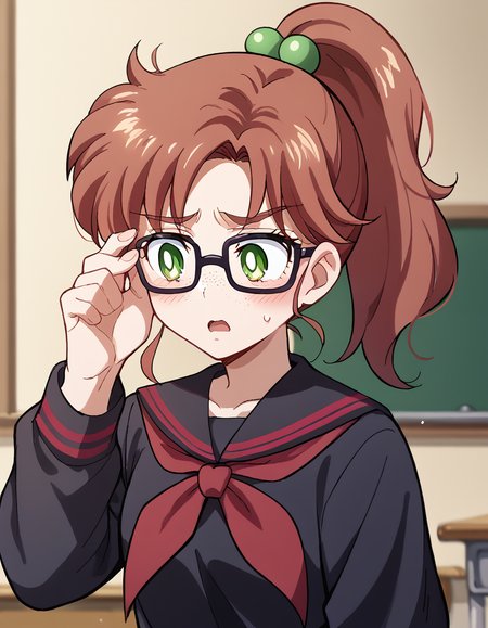 score_9, score_8_up, score_7_up, source_anime, <lora:makoto-kino-eternal-movie1-ponyxl-lora-nochekaiser_r1:1>, makoto kino, brown hair, circlet, green eyes, hair bobbles, hair ornament, medium hair, ponytail, sidelocks, parted bangs,, <lora:jimiko-ponyxl-lora-nochekaiser:1>, jimiko, glasses, black-framed eyewear, messy, unkempt, thick eyebrows, twintails, braids, freckles, baggy eyes,, blush, open mouth, embarrassed, classroom, adjusting eyewear, serafuku, black serafuku, red neckerchief, skirt, black skirt, pleated skirt, cowboy shot, <lora:averting-eyes-ponyxl-lora-nochekaiser:1>, averting eyes,