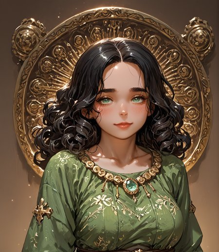 PonyScores7, source_anime, ah1, <lora:natsumi_style:1>, BREAK 1girl, (curly hair), long hair, (black hair:1.3), mature female, (parted hair:1.7), (round face:1.2), (thick eyebrows), (curvy), round-chin, (greenish hazel eyes), caucasian, (downturned eyes:1.2), (plump face), <lora:ETO_OCPonyXL:0.5> eto_oc, skindentation, (plump), thick thighs, wide hips, busty, voluptuous, kinky curls, lips, <lora:venus body PonyXL:0.4>,  (shy, blush, smirking at viewer), (Defensive Shield with Counterattack, Raise your shield in front of you and deliver a swift counterattack demonstrating defensive prowess and offensive skill,), (A bustling marketplace in a bustling ancient city, filled with merchants selling handcrafted goods from various cultures (Historical epics),), looking at viewer, (raw sienna emerald green velvet dress with a high neckline paired with black heels), BREAK <lora:xl_more_art-full_v1:0.2>, <lora:shinyskin2:0.2> glistening skin, <lora:aesthetic_anime_v1s:0.2>, <lora:Expressive_H:0.2> Expressiveh, <lora:hairdetailpxl:0.2> hairdetailpxl, <lora:EpicF4nta5yXL:0.2>, <lora:detailxl:0.2> detailxl, <lora:Fant5yP0ny:0.2>, best quality, amazing quality, best aesthetic, absurdres, <lora:expressive eyes:0.2> expressive eyes, <lora:eyedetailpxl:0.2> eyedetailpxl, illustration, Volumetric_Lighting, ultra-detailed, very aesthetic, intricate details, 8k, masterpiece, best_quality, BREAK (View from Above shot), BREAK <lora:Eyes_High_Definition:0.3> EyesHD, Stable_Yogis_PDXL_Positives, AS-Adult, <lora:Complicated fantasy portrait - XL Pony V2.0:0.4>, bad-hands-5,