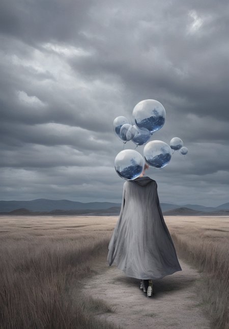 surrealism, a woman standing in a field with balloons floating over her head, inspired by Mike Winkelmann, grey tarnished robes, nestor canavarro hyperrealist, glass sphere, grey clouds, alchemical still