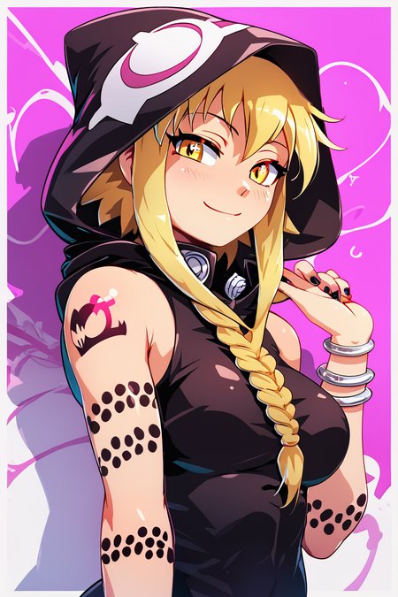 score_9, score_8_up, score_8, medium breasts, (curvy), cute, eyelashes,       BREAK, , zzMedusa, blonde hair, long hair, braid, yellow eyes, tattoo,  hood, jewelry, bracelet, sleeveless, nail polish, hoodie, braid, black nails,  <lora:Medusa_SoulEater_PDXL_v2:1.0>, BREAK, smile, closed mouth, looking at viewer, cowboy shot, ,,, embedding:zPDXL, Expressiveh, ,,, <lora:Konpeto_PDXL_v3:1.0>, <lora:SDXLFaeTastic2400:0.5>, <lora:Expressive_H-000001:0.4>,