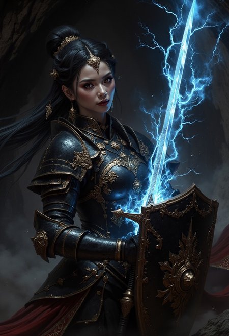 detailed renaissance oil painting, masterpiece, FredFraiStyle, an oriental female knight in black Armor with gold embellishments, long flowing hair, earrings, dark eyeshadow, red lips, holding a sword (glowing blue, with blue electrical energy flowing through it) and shield an a battle-ready stance, dynamic pose, in a dark, damp cave, directional lighting, masterpiece, mythp0rt, perfect composition, perfect hands, cowboy shot