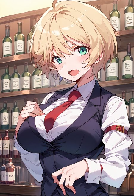 score_9,score_8_up,score_7_up,source_anime,zPDXL3,
*//*,<lora:Aria_Kimura-v1.0-000001:1>,,1girl,solo,aria_kimura,blonde hair,short hair,blue eyes,red necktie,black pants,black vest,white shirt,long sleeves,formal,open mouth,large breasts,bartender,bar (place),bottle,
*//*,looking at viewer,upper body,