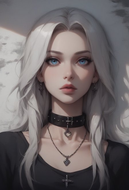 score_9, score_8_up, score_7_up, Goth girl, goth girl 1girl, 1girl,solo,long hair,looking at viewer,blue eyes,jewelry,collarbone,white hair,grey hair,lying,parted lips,choker,necklace,collar,shadow,black choker,portrait,close-up, painting, <lora:[GP] somethingweird [Pony XL]:0.2>, <lora:g0th1cPXL:0.3>, <lora:Concept Art Twilight Style SDXL_LoRA_Pony Diffusion V6 XL:0.8>,   <lora:Goth_girl_XL-v2:0.8>