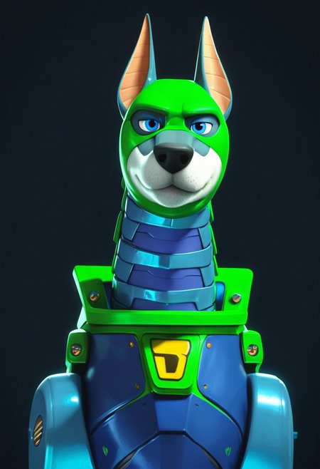 score_9, score_8_up, score_7_up, 1boy, solo,  Expressiveh, (Dynomutt, feral, male doberman, cyborg dog, blue eyes, black nose, cybernetics, green body, blue body, two tone body), close-up, smile, closed mouth, (black background), simple background, 4k, masterpiece, best quality, highly detailed, realistic