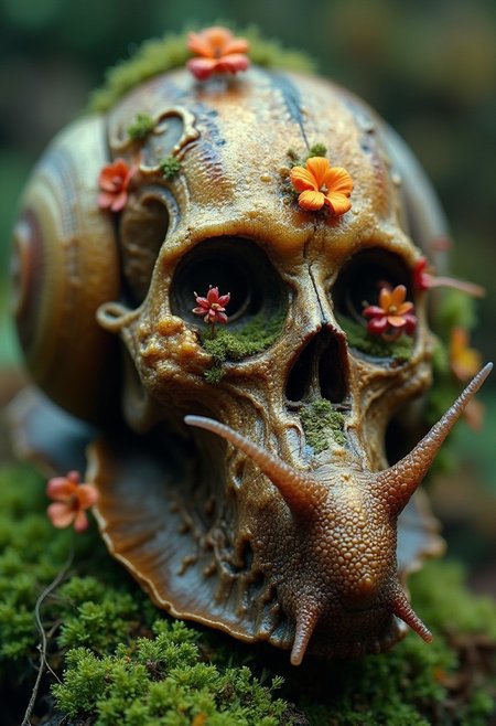 A close up of a snail with a human skull shell, mossy, flowers, colorful,  sparkling