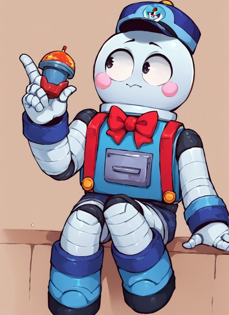 score_9, score_8_up, score_7_up,  <lora:bslou:1>bslou   , 1 girl  , hat , robot,  red  suspenders,  blue body , blush stickers,  red bowtie , black minishorts ,  bare shoulders,