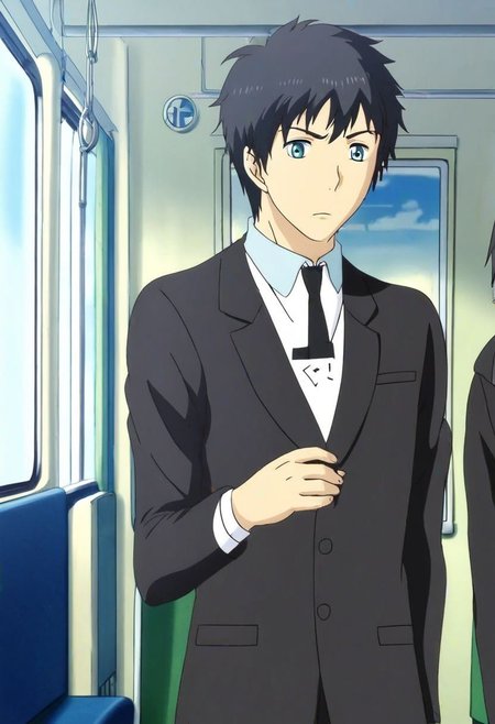 high resolution, solo, best quality, 1Boy, Arata Kaizaki, Black Hair, Blue Eyes, train, inside train, OverallDetail